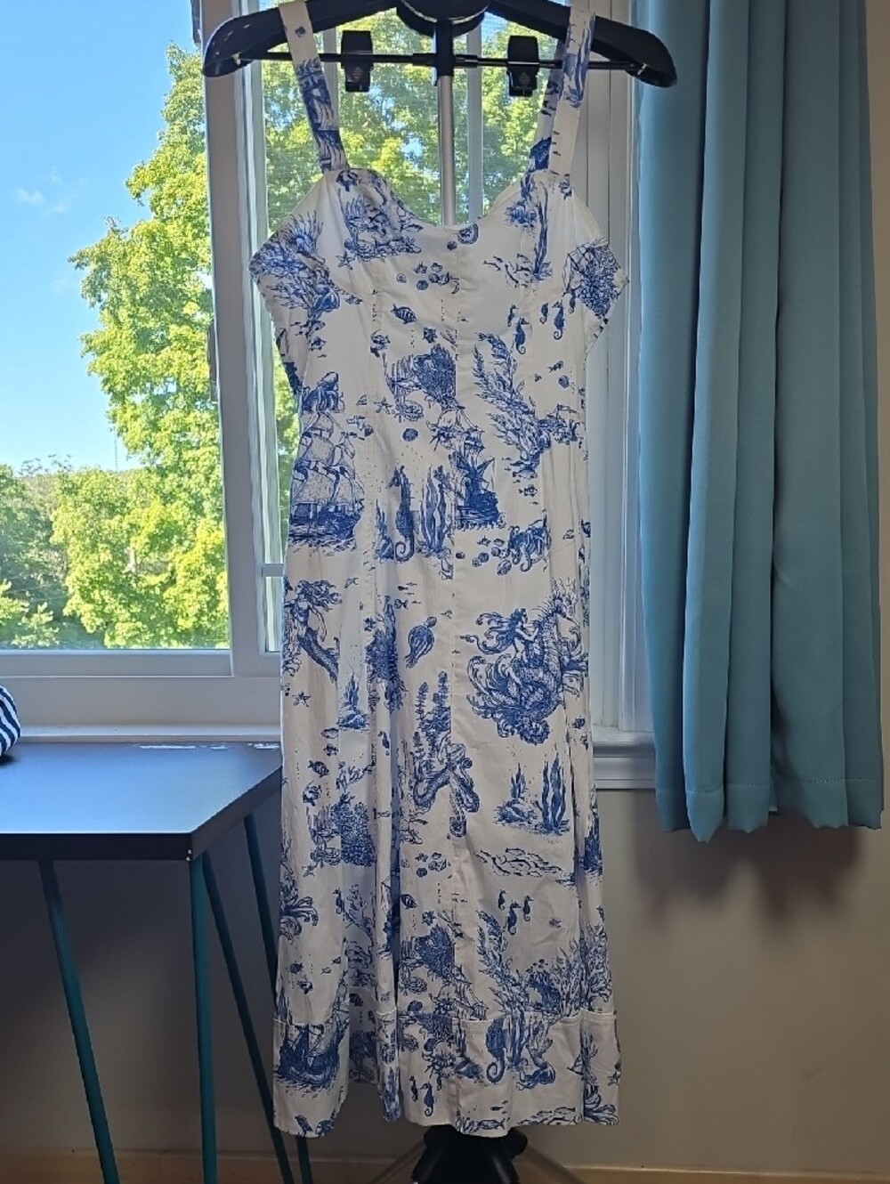 Avec Les Filles Blue and White Toile Midi Dress Size 8 - Picture 2 of 9